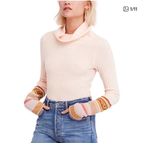 FREE PEOPLE Pale Pink Mixed Up Cuff Thermal Knit Long Sleeve Boho - Picture 1 of 7